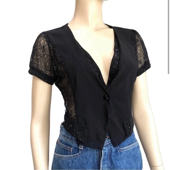 SANER V-neck shorts sleeve see true lace blouse - Picture 2 of 16